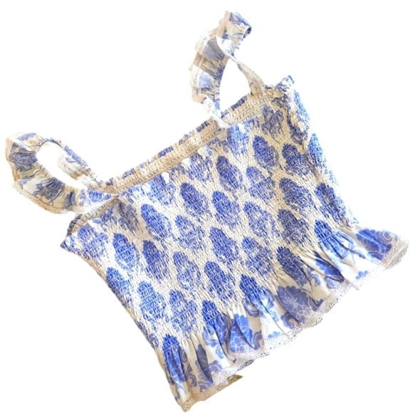 Aritzia Wilfred Crop Top Blue/White Lace Straps Ruffle Hem Sz M - Picture 7 of 13